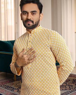 Yellow chikankari embroidered art silk straight men kurta 2
