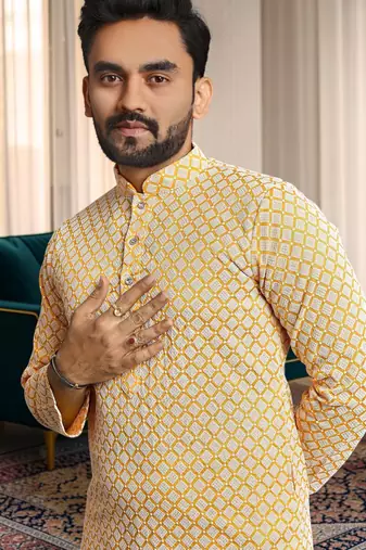 Yellow chikankari embroidered art silk straight men kurta