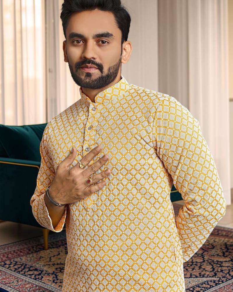 Yellow chikankari embroidered art silk straight men kurta