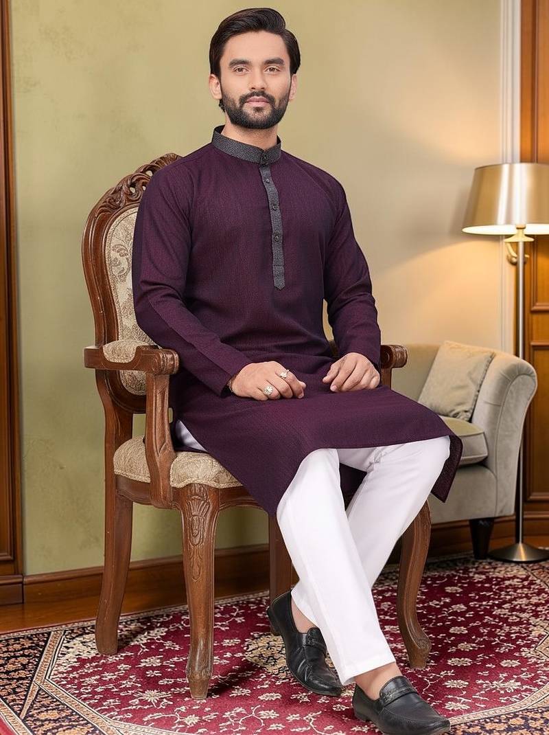 Purple solid linen silk straight men kurta