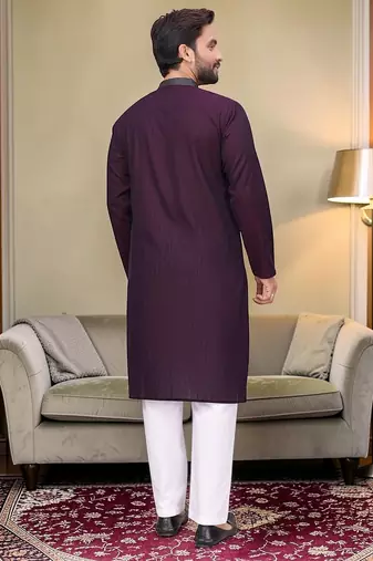 Purple solid linen silk straight men kurta