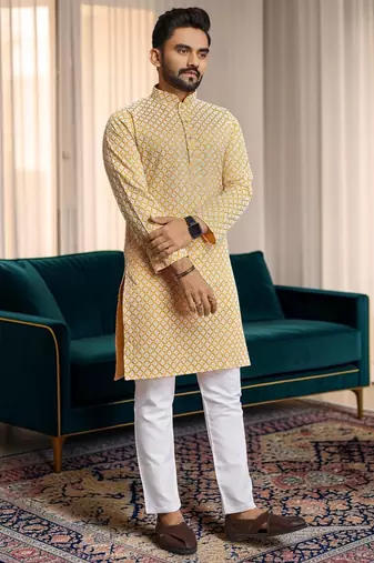 Yellow chikankari embroidered art silk straight men kurta