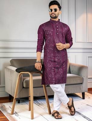 Purple silk sequence embroidered men kurta 1