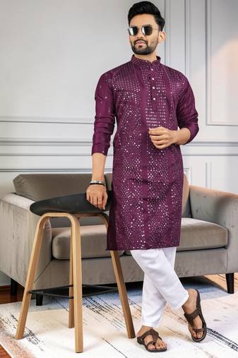 Purple silk sequence embroidered men kurta