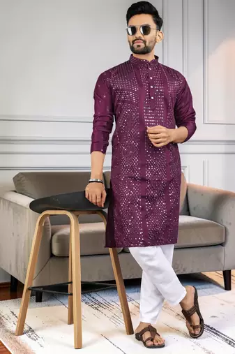 Purple silk sequence embroidered men kurta
