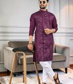 Purple silk sequence embroidered men kurta