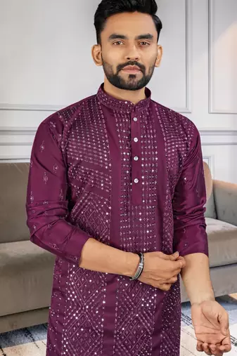 Purple silk sequence embroidered men kurta