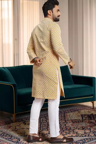 Yellow chikankari embroidered art silk straight men kurta