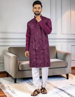 Purple silk sequence embroidered men kurta 3