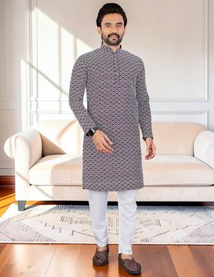 Purple chikankari embroidered art silk straight men kurta 1