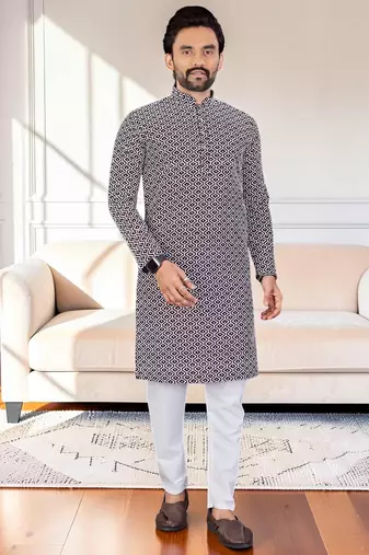 Purple chikankari embroidered art silk straight men kurta