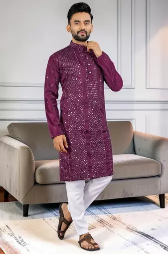 Purple silk sequence embroidered men kurta