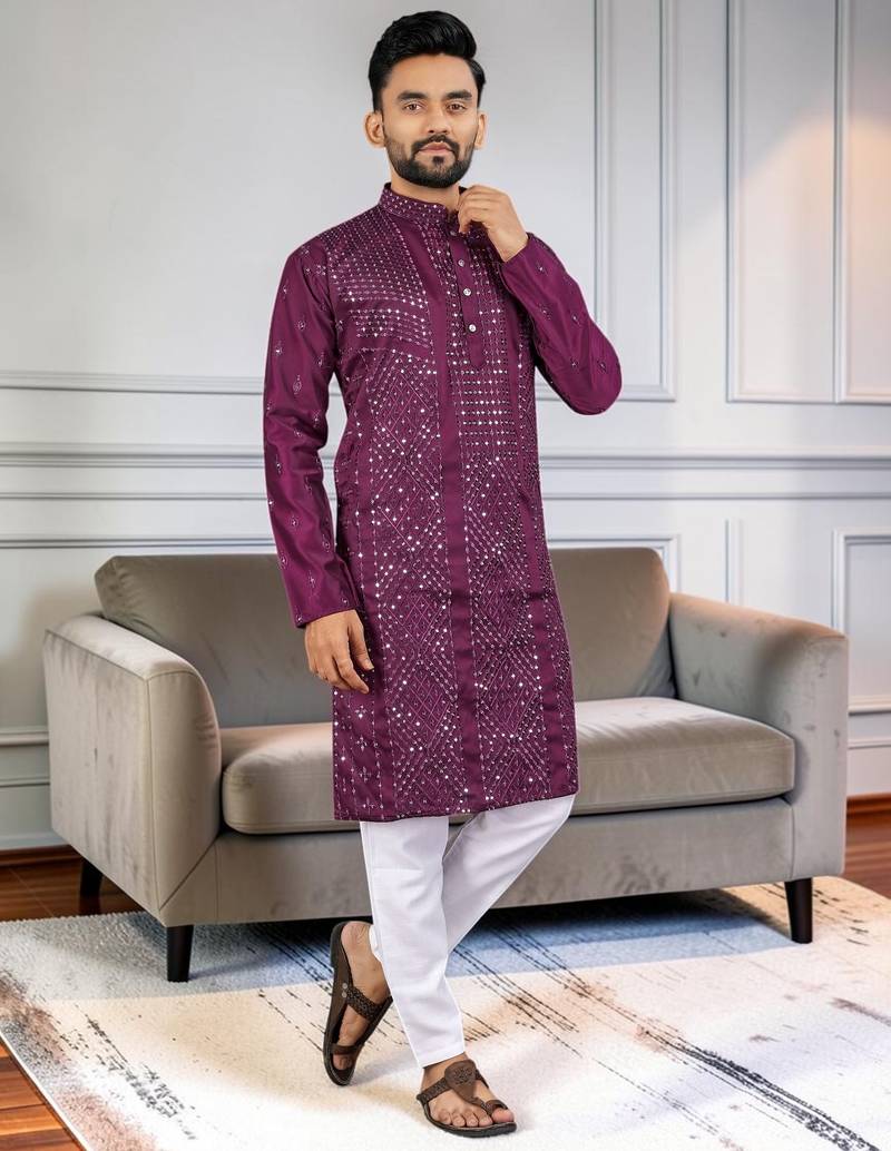 Purple silk sequence embroidered men kurta