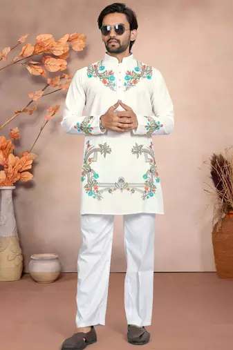 White solid silk men kurta with embroidered neck