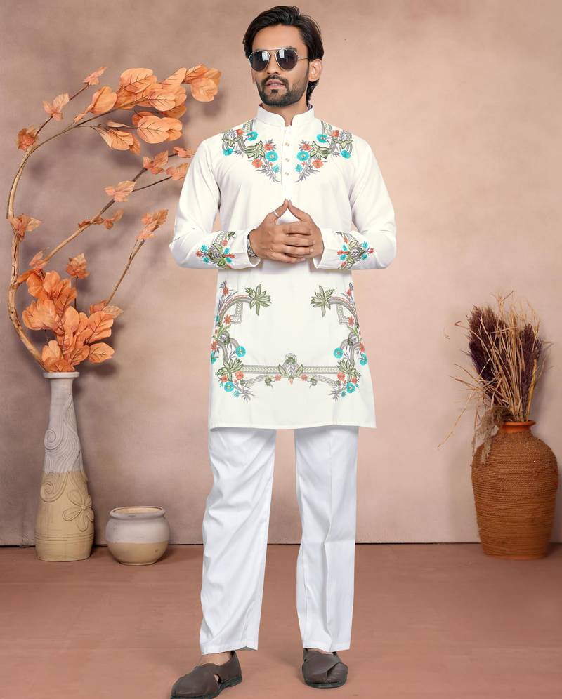 White solid silk men kurta with embroidered neck