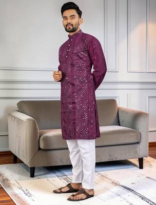 Purple silk sequence embroidered men kurta 5