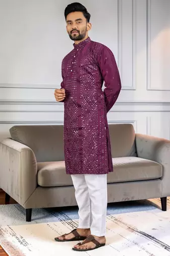 Purple silk sequence embroidered men kurta