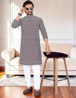 Purple chikankari embroidered art silk straight men kurta 3