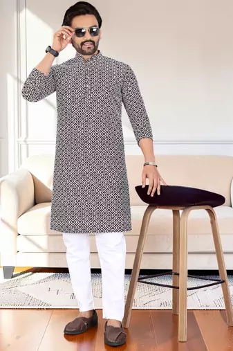 Purple chikankari embroidered art silk straight men kurta