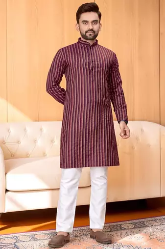 Maroon striped woven cotton straight men kurta