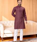 Maroon striped woven cotton straight men kurta