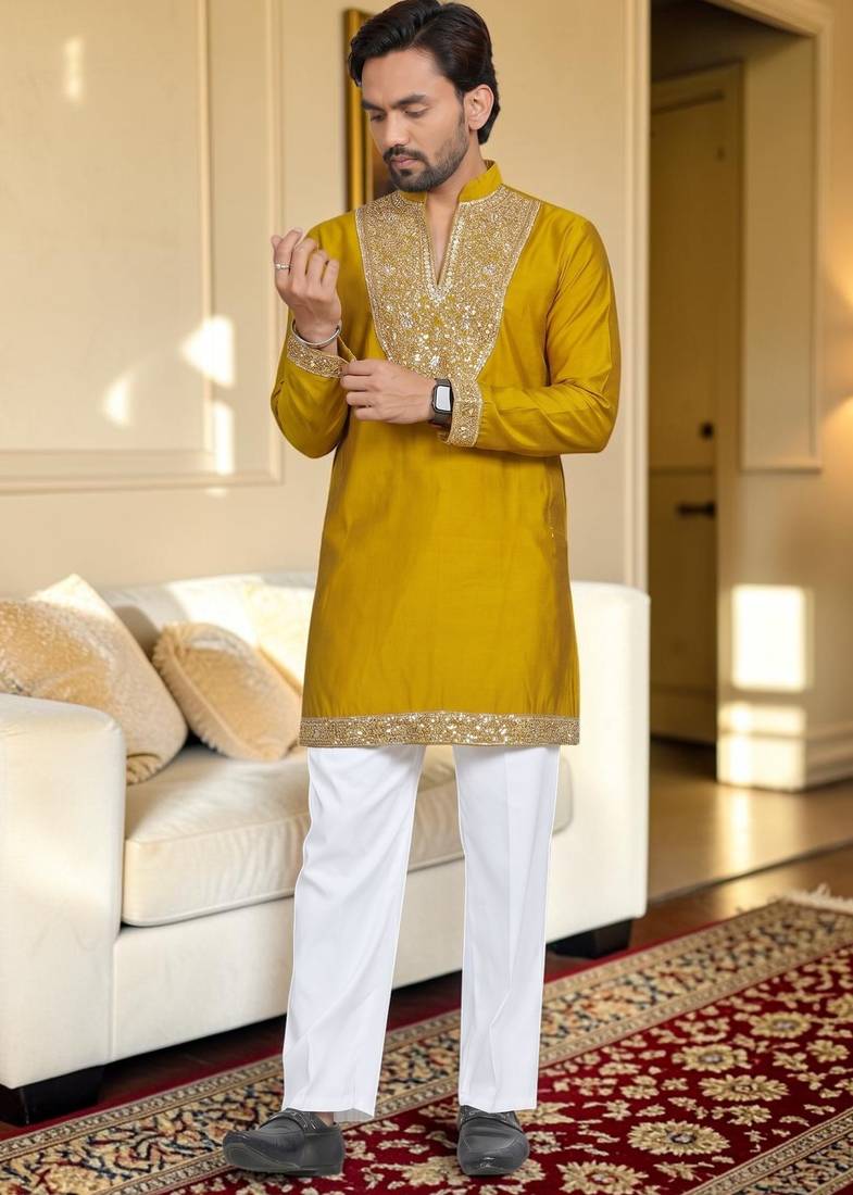 Yellow solid silk men kurta with handwork embroidered neck