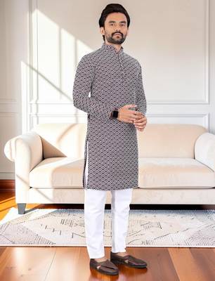 Purple chikankari embroidered art silk straight men kurta 4