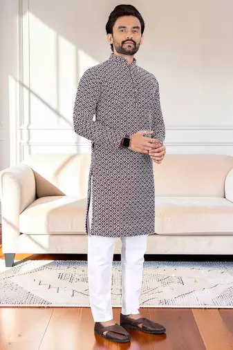 Purple chikankari embroidered art silk straight men kurta