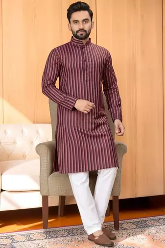 Maroon striped woven cotton straight men kurta