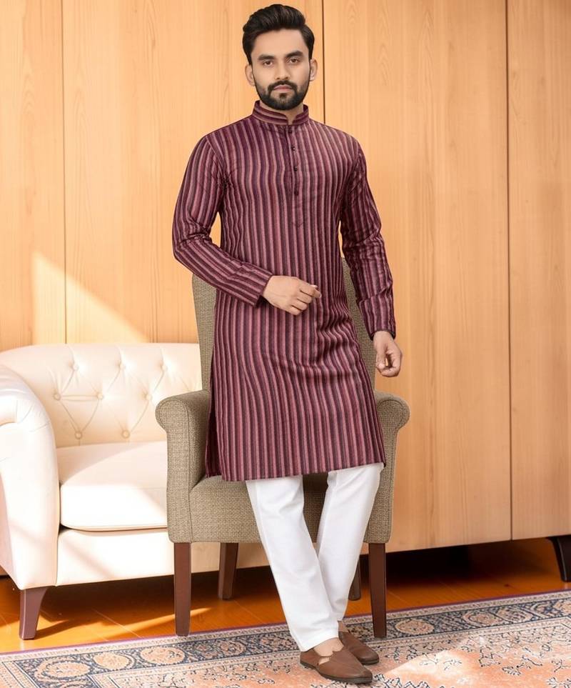 Maroon striped woven cotton straight men kurta