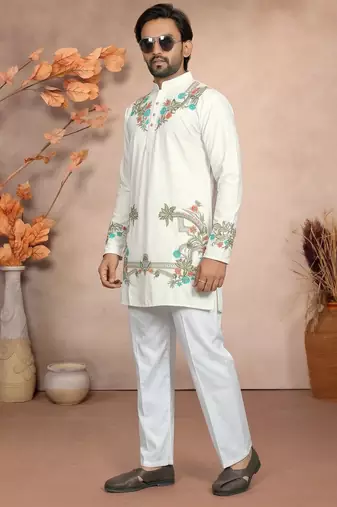 White solid silk men kurta with embroidered neck