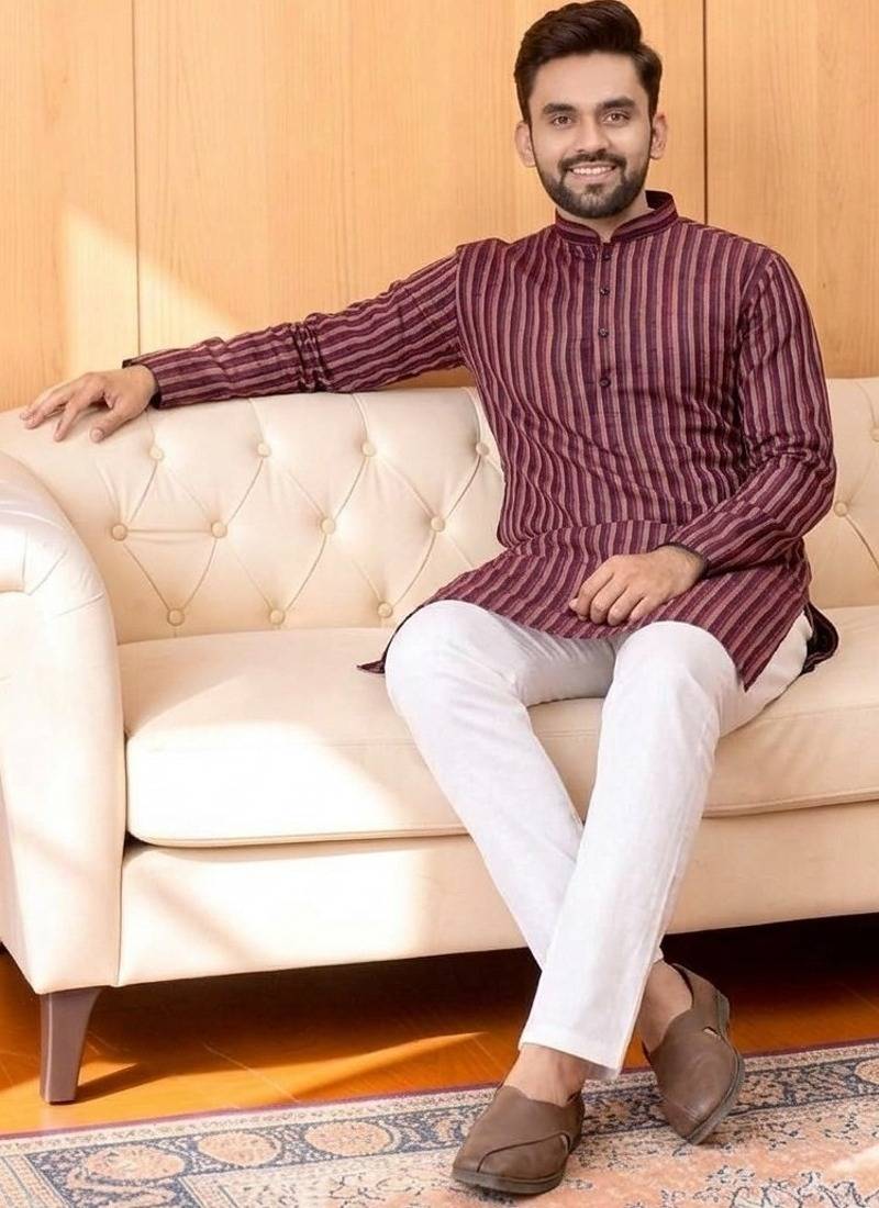 Maroon striped woven cotton straight men kurta