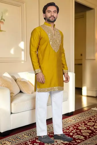 Yellow solid silk men kurta with handwork embroidered neck