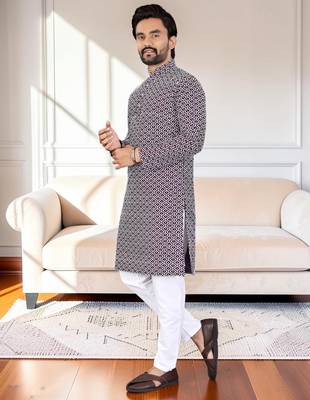 Purple chikankari embroidered art silk straight men kurta 5