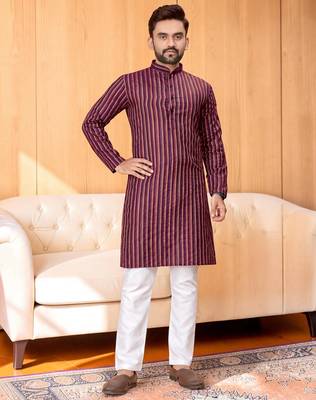 Maroon striped woven cotton straight men kurta 4