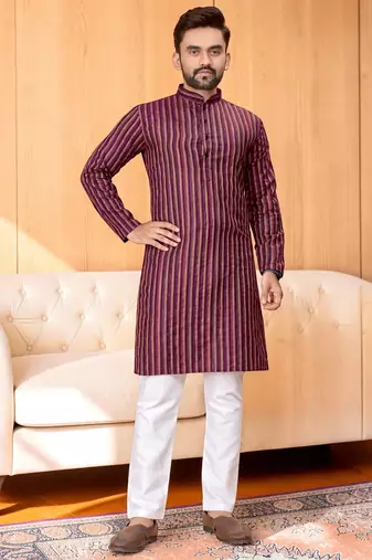 Maroon striped woven cotton straight men kurta