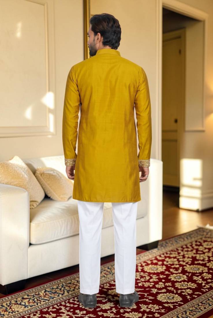 Yellow solid silk men kurta with handwork embroidered neck