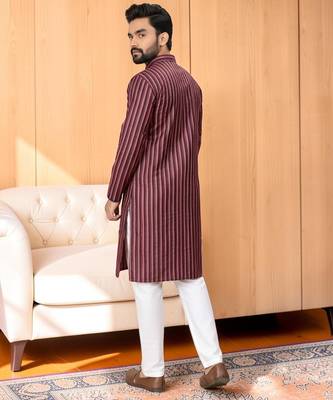 Maroon striped woven cotton straight men kurta 5
