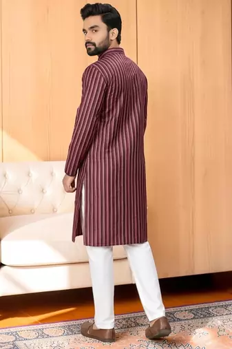 Maroon striped woven cotton straight men kurta