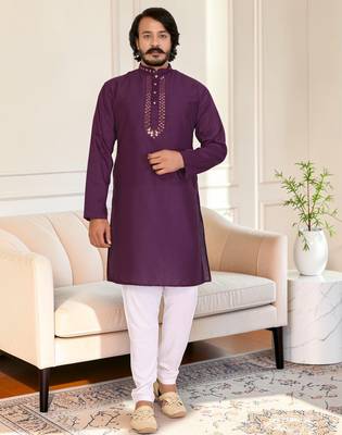Purple mirror work straight men kurta 1