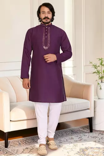 Purple mirror work straight men kurta