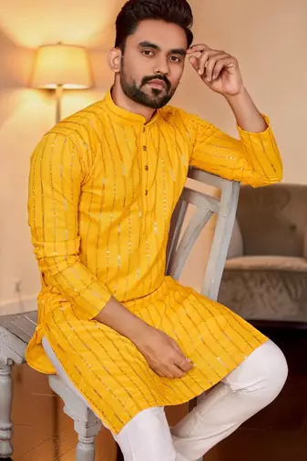Yellow embroidered straight men kurta