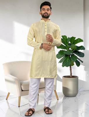 Yellow silk embroidered straight men kurta 1