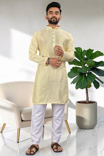 Yellow silk embroidered straight men kurta