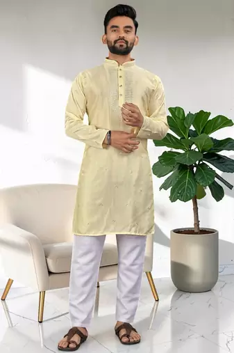 Yellow silk embroidered straight men kurta