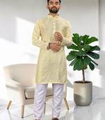 Yellow silk embroidered straight men kurta