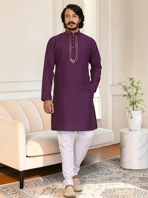 Purple mirror work straight men kurta 4