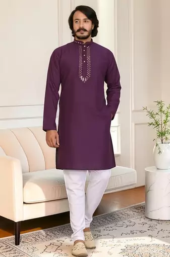 Purple mirror work straight men kurta