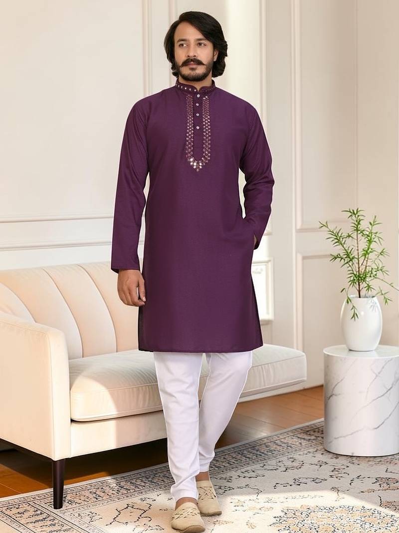 Purple mirror work straight men kurta