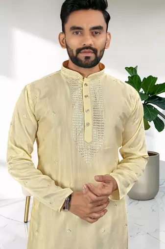 Yellow silk embroidered straight men kurta